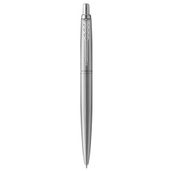 Vue de face du stylo bille Parker Jotter en finition acier avec clip flèche.
